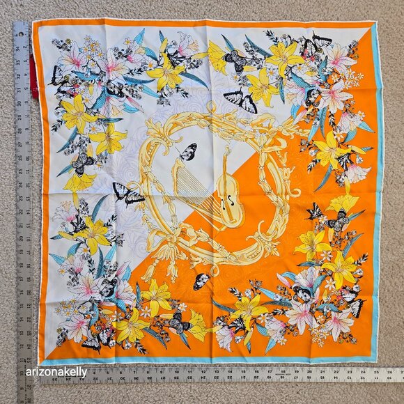 NWT Silk Scarf Hand Rolled Floral Violin Butterflies - Picture 1 of 8